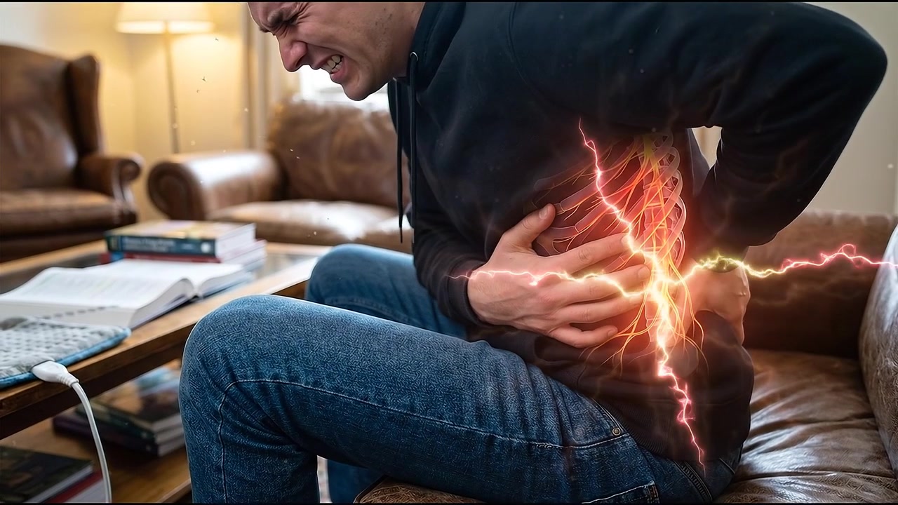 Hombre sufriendo de dolor de espalda severo con malestar nervioso visualizado