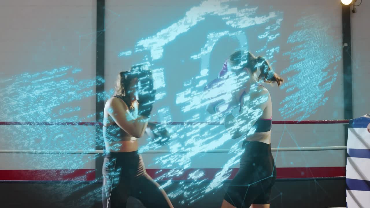 Two female boxers sparring in boxing ring, overlay appearing, aligning shield pulsing on gloves