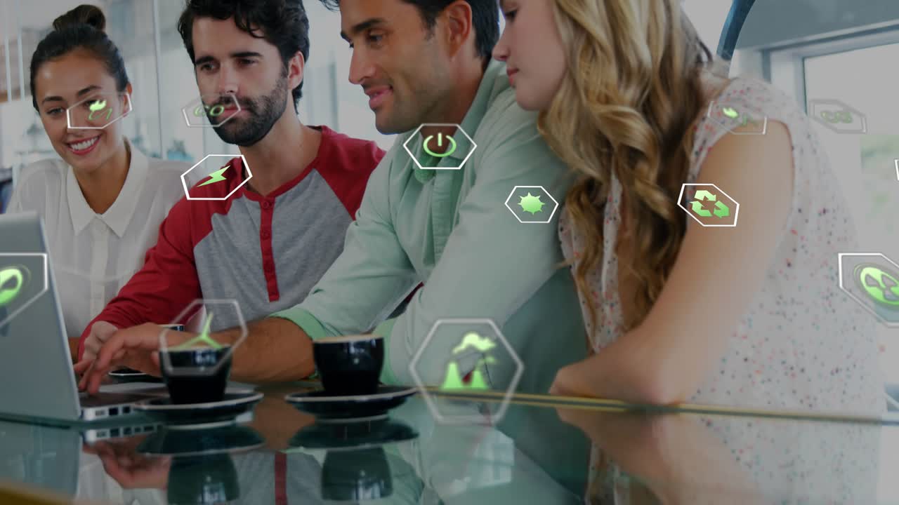 Woman typing keys and generating environmental AR icons with colleagues pointing tapping smiling