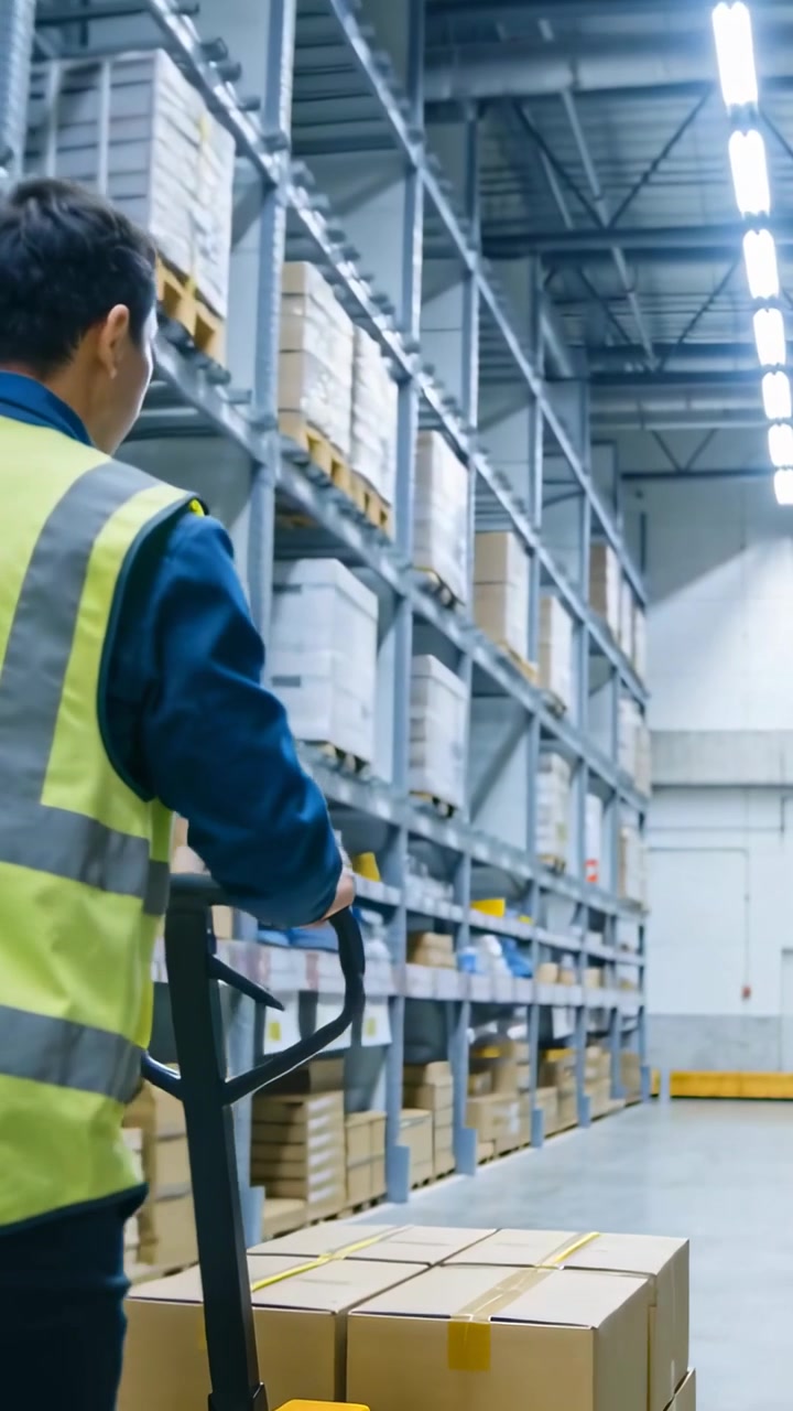 Video verticale: Afferrando la maniglia del transpallet, un operaio di magazzino in alta visibilità spinge un pallet per la spedizione, con spazio per il testo.