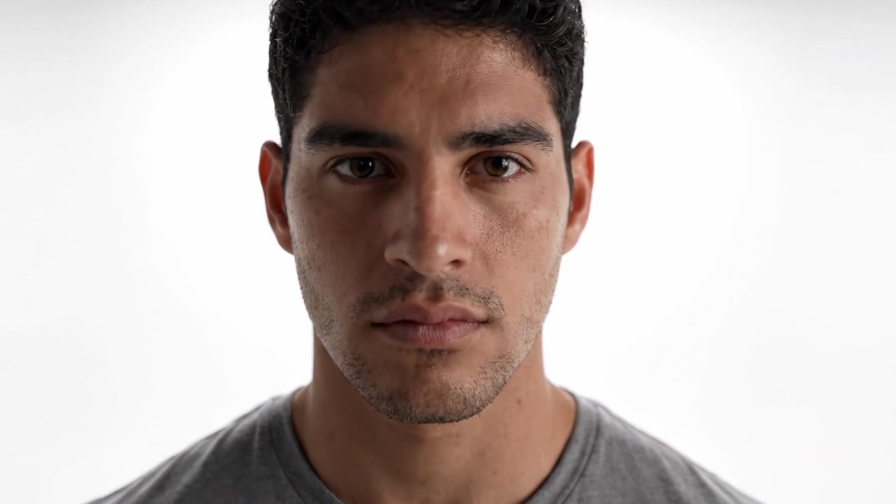 Un ritratto profondo e introspettivo di un giovane uomo su uno sfondo minimalista, che cattura l'essenza del pensiero riflessivo e dell'emozione in immagini semplici ma potenti.