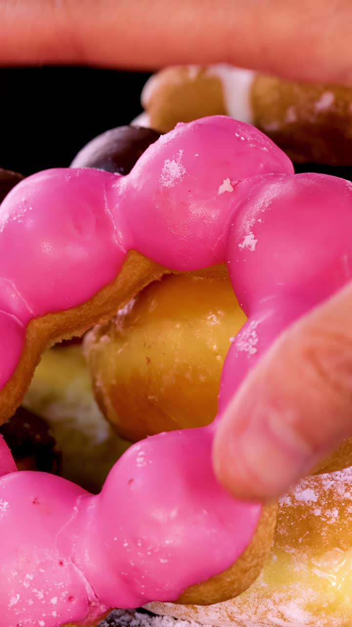 Mano che seleziona una ciambella glassata rosa da un assortimento colorato sotto una brillante illuminazione da studio.