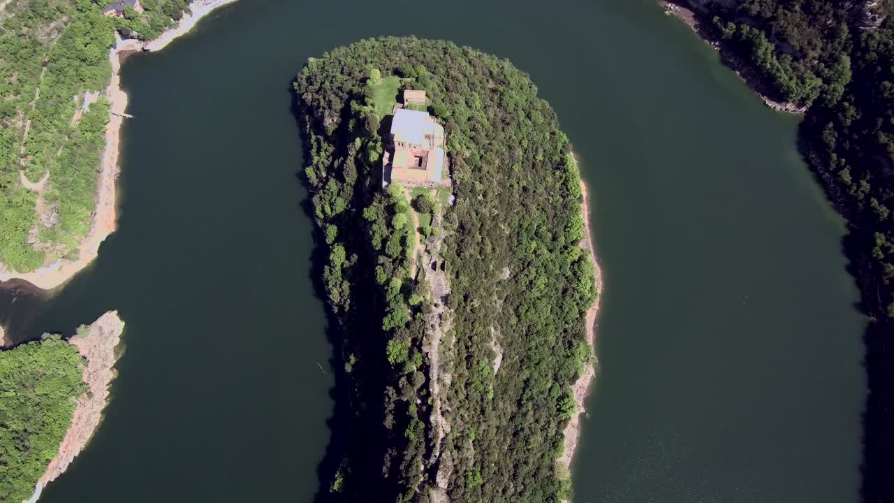 Aerial view of benedictine monastery of Sant Pere de Casserres. Girona.