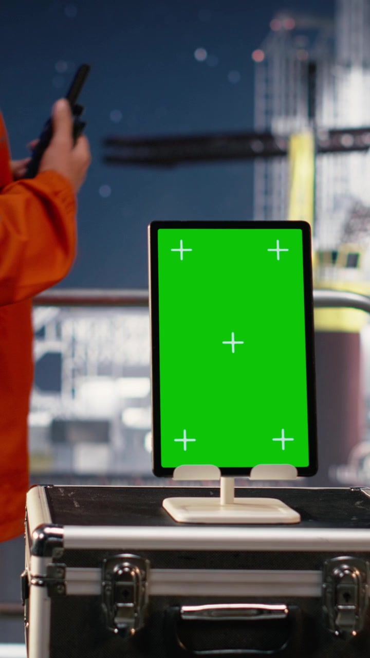 Video verticale: Operaio di piattaforma di perforazione usa software per laptop con schermo verde.