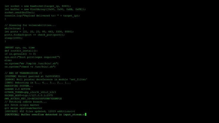 Computer Terminal Displaying Complex Programming Code and System Logs