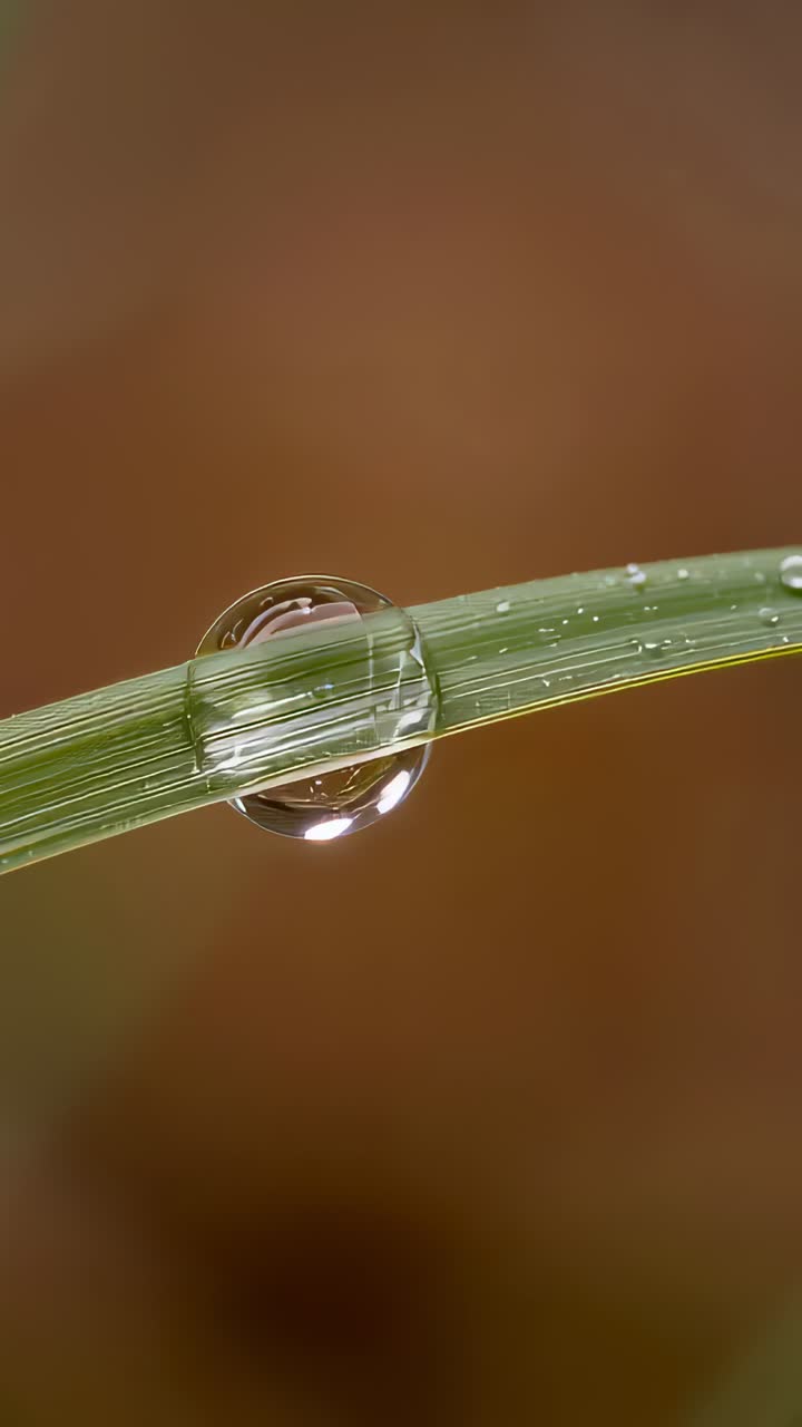 Video vertikal: Embun fajar membentuk tetesan dengan butiran yang menempel pada bilah rumput makro bokeh hangat