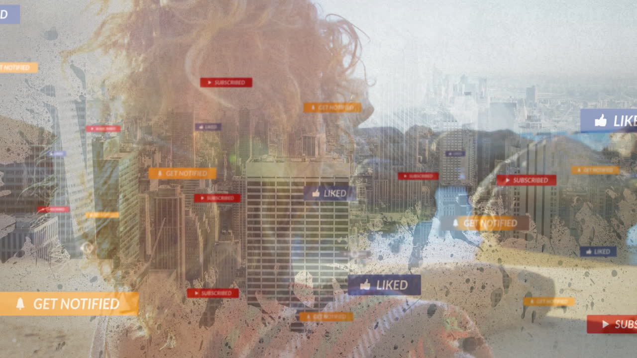 Social media notifications animation over cityscape and people in urban setting
