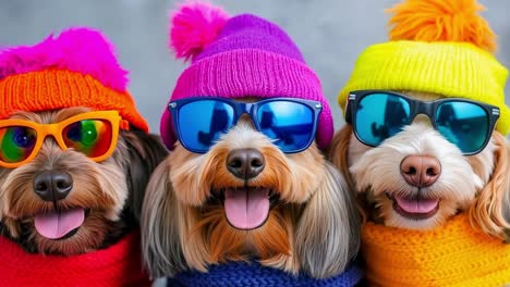 three dogs wearing colorful hats and sunglasses