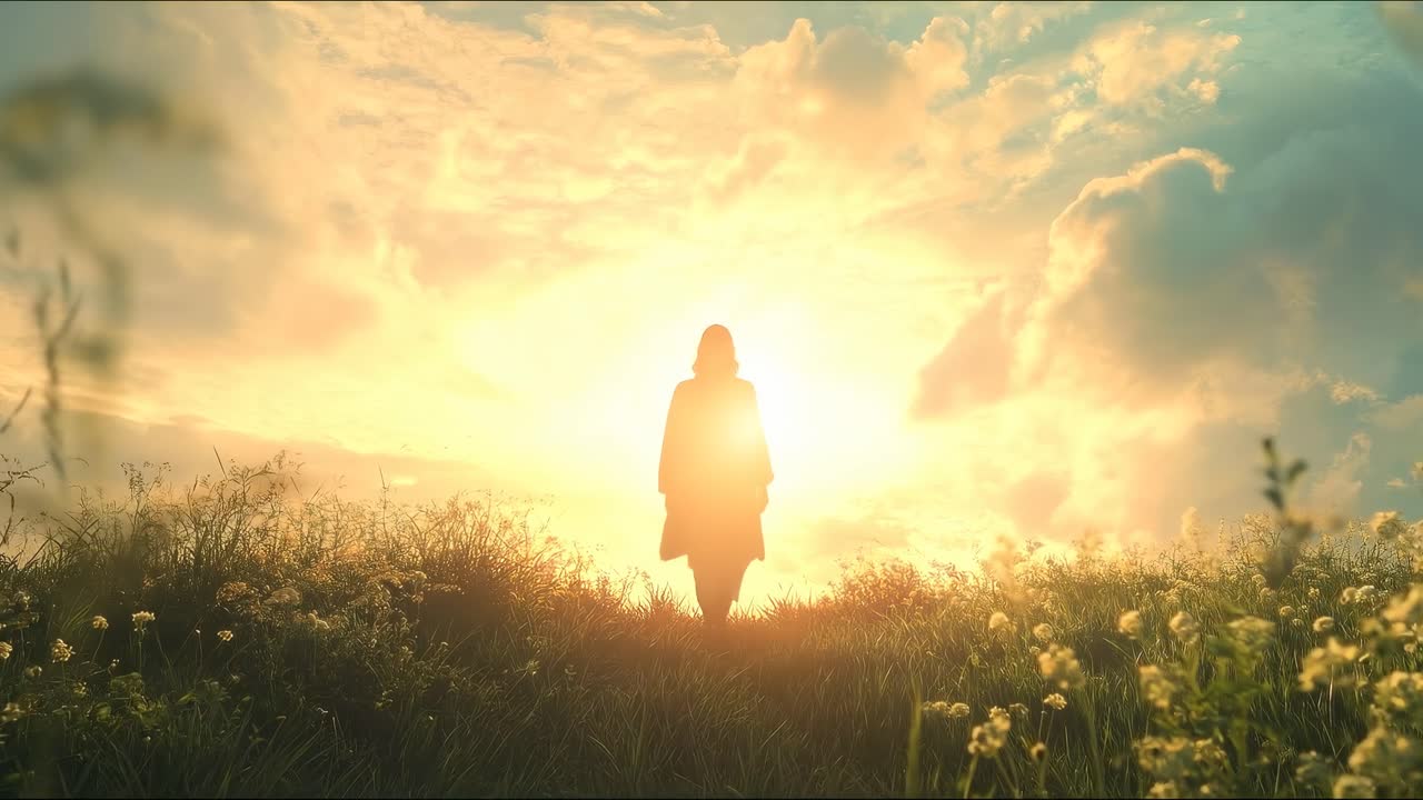 Silhouette of a person in a field at sunset, captured from behind