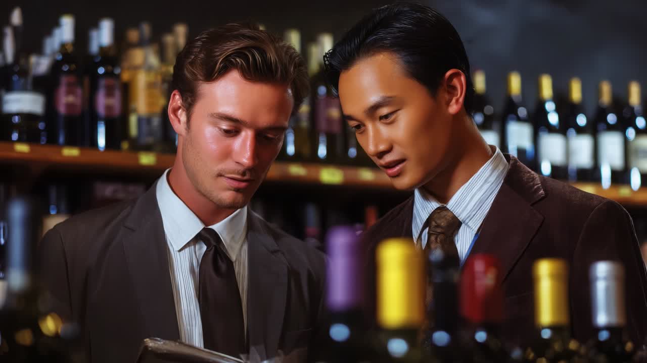 Two Men Engaged in a Thoughtful Discussion While Choosing Wine from a Well-Stocked Selection of Bottles in a Stylish Wine Store, Reflecting Their Shared Interest in Fine Wines and Tastings