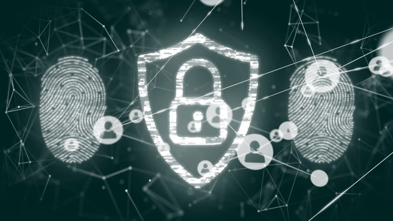 цифровой замок безопасности и анимация отпечатков пальцев через сетевые соединения и значки пользователей