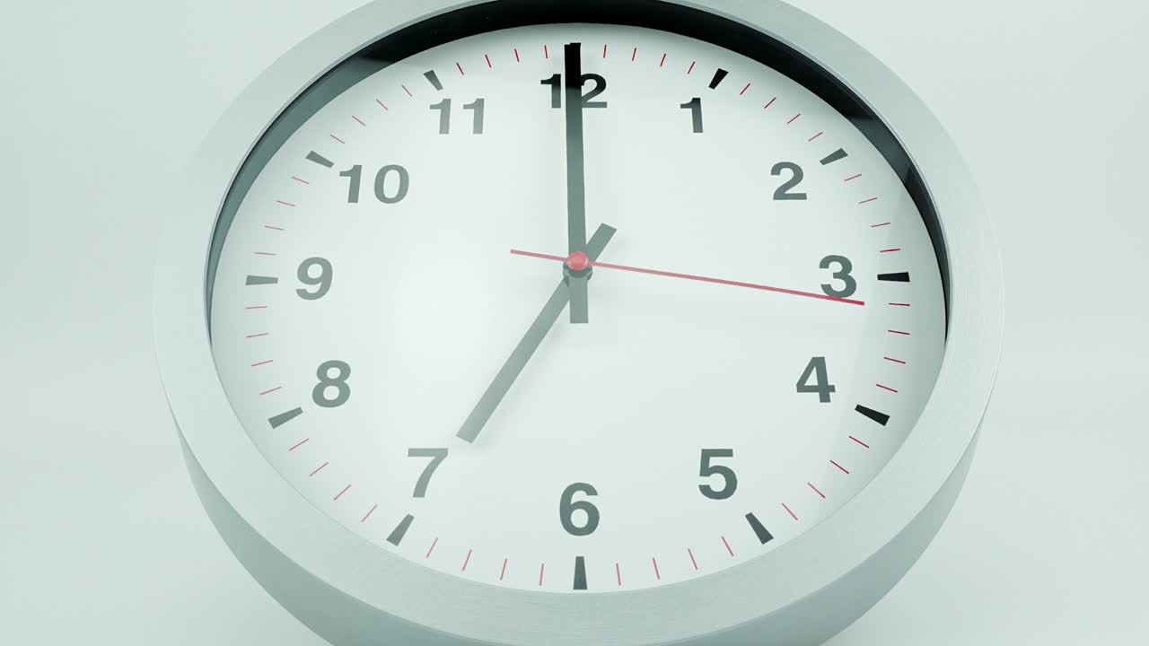 el reloj de pared blanco dice la hora.