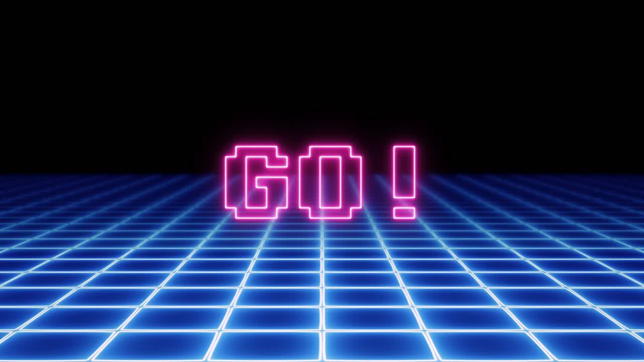 3d 전기 그리드 위에 나타나는 박이는 네온 비디오 게임 메시지: 플레이어 1, 준비해, 가