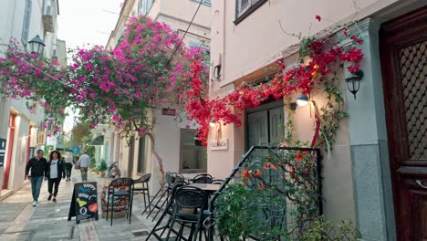 cozy cafe in a narrow street with bougainvillea flowers