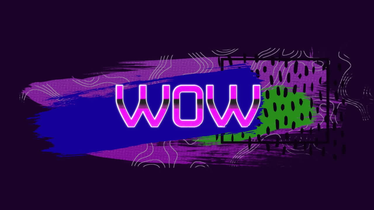 Animation of wow text over moving colorful geometrical graphics shapes on dark background