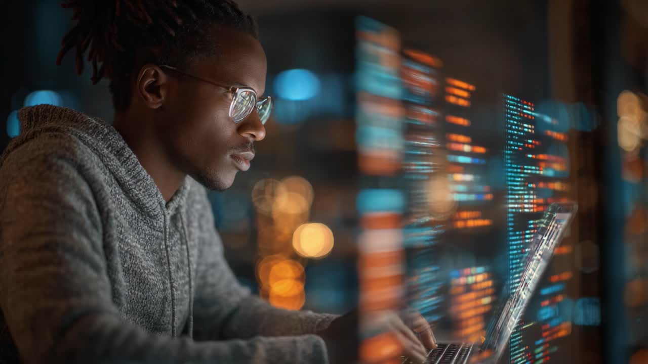 Focused Individual Analyzing Data on Laptop in a Sleek Tech Environment with Vibrant Coding Visuals in the Background, Capturing the Essence of Modern Digital Work
