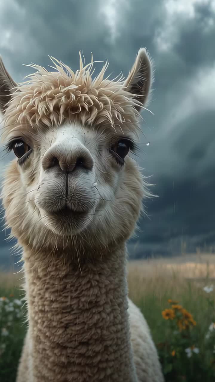 Vertical video: Facing storm cloud alpaca tilting head and pivoting ears in wildflower meadow