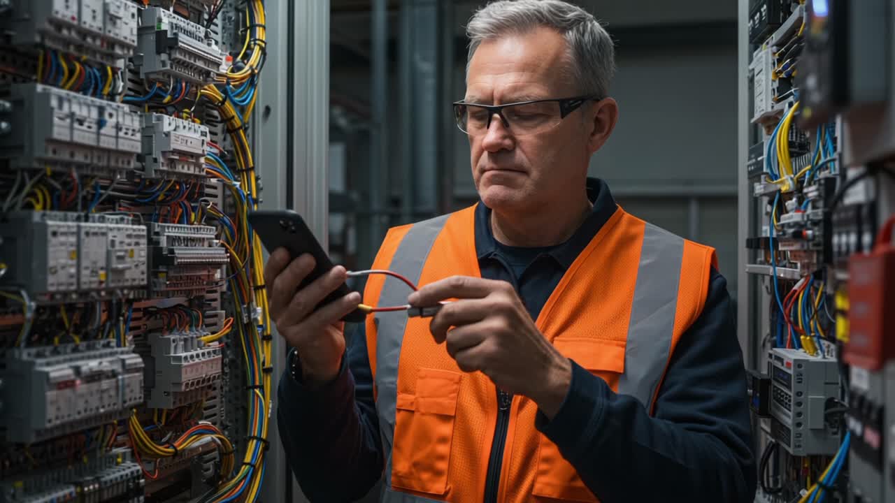 A technician in a safety vest checks a mobile device while surrounded by intricate electrical wiring, highlighting the fusion of technology and engineering expertise