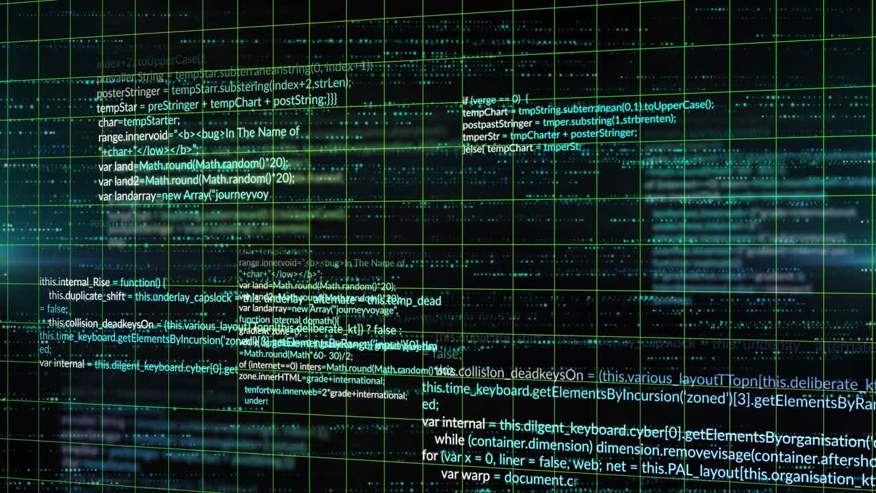 Faint cyan streaks appearing, code blocks streaming and sliding over green grid showing data wall