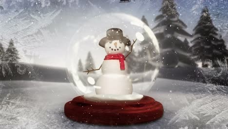 Snow-falling-over-snowman-in-a-snow-globe-against-santa-claus-in-sleigh-being-pulled-by-reindeers