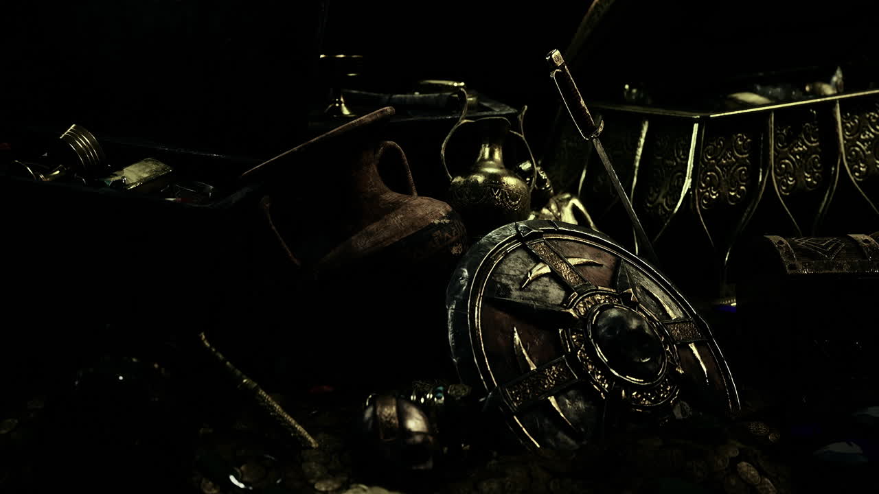 Ancient treasure collection displayed in a dimly lit setting with artifacts