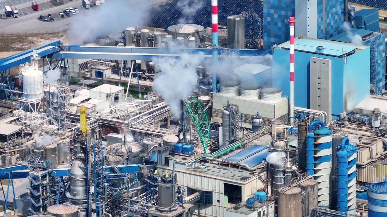 Aerial view of a large pulp and paper mill with a biomass power plant. The industrial complex shows smokestacks emitting steam