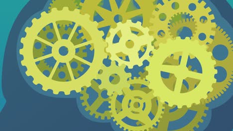 zoom out on the cogs spinning in the head of a silhouette of a man on blue background (flat design)