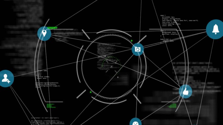 Animation of connected icons and circles with computer language over black background