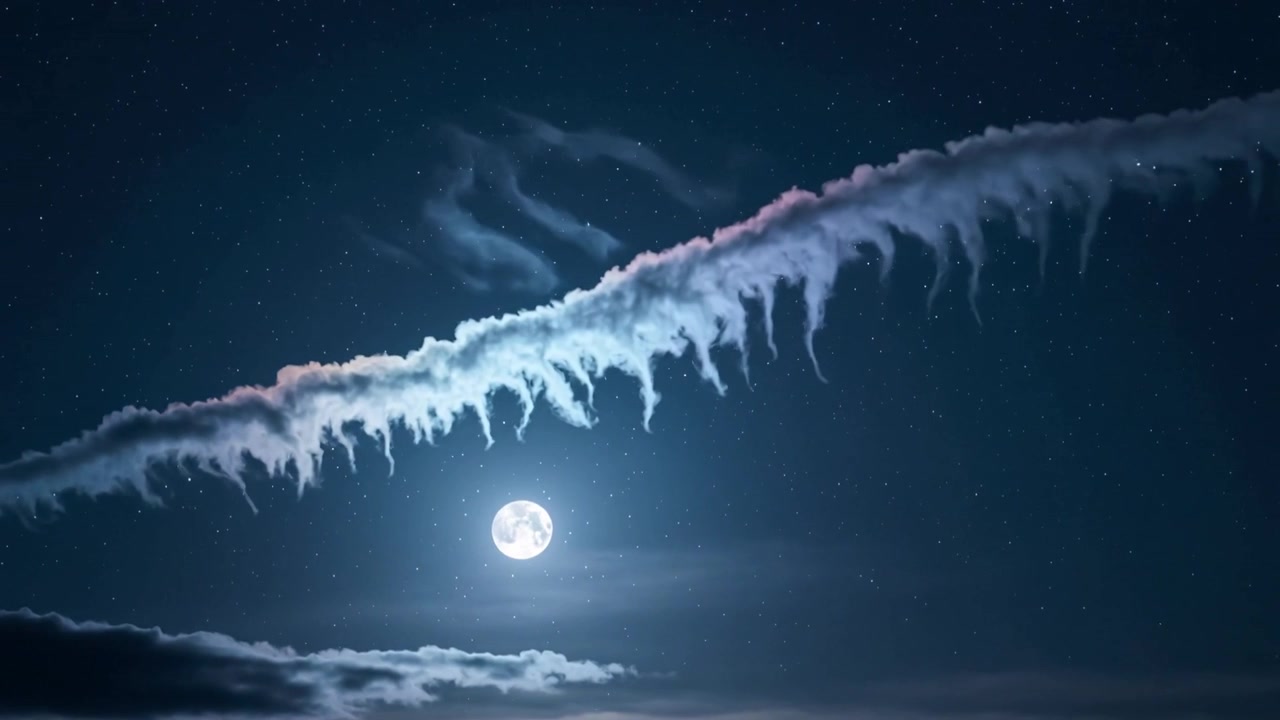 Krusende diagonalt skybånd danner slyngtråde under subtile strømme på nattehimlen, med fuldmåne.