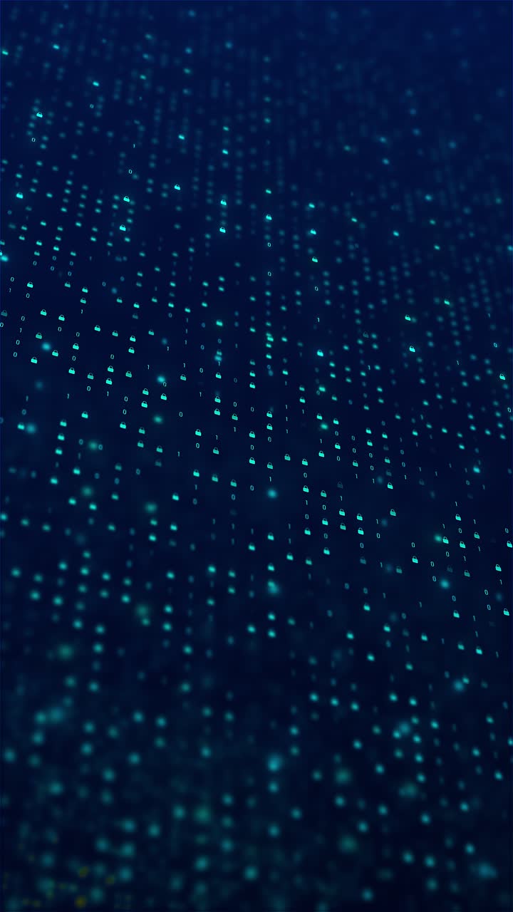 Futuristisk animation med blinkende låseikoner og flydende binære data, der viser sikkerhedskryptering og beskyttelse af.