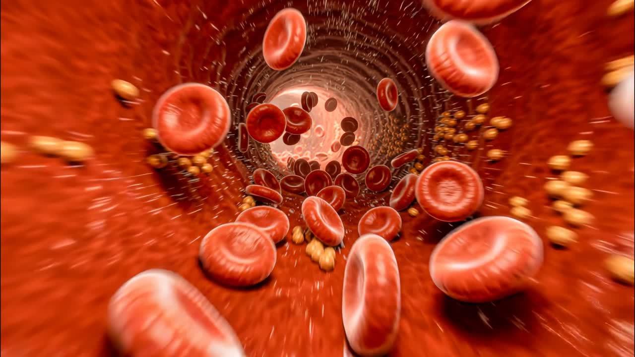 Macrofotografia de glóbulos vermelhos se movendo em um vaso sanguíneo com foco suave e luz quente, conceito médico de circulação e saúde humana