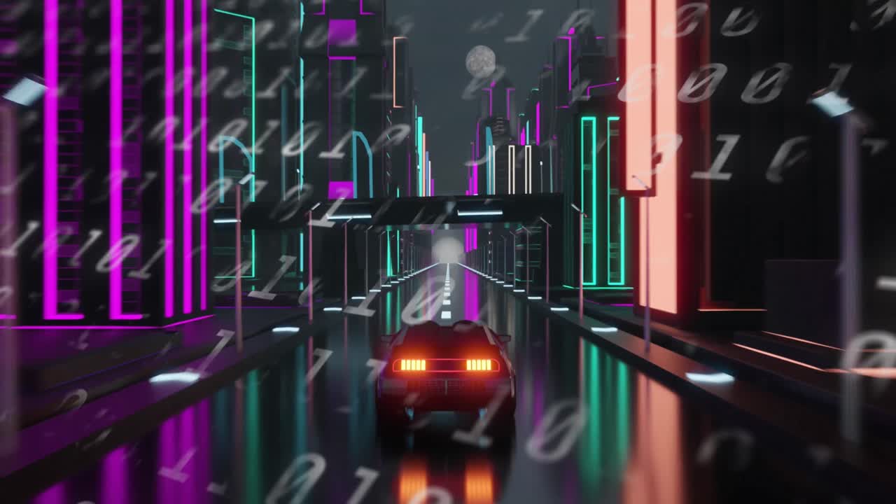 Animation of digital interface with binary coding over car driving ...