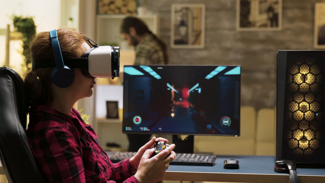 Woman playing video game with VR headset