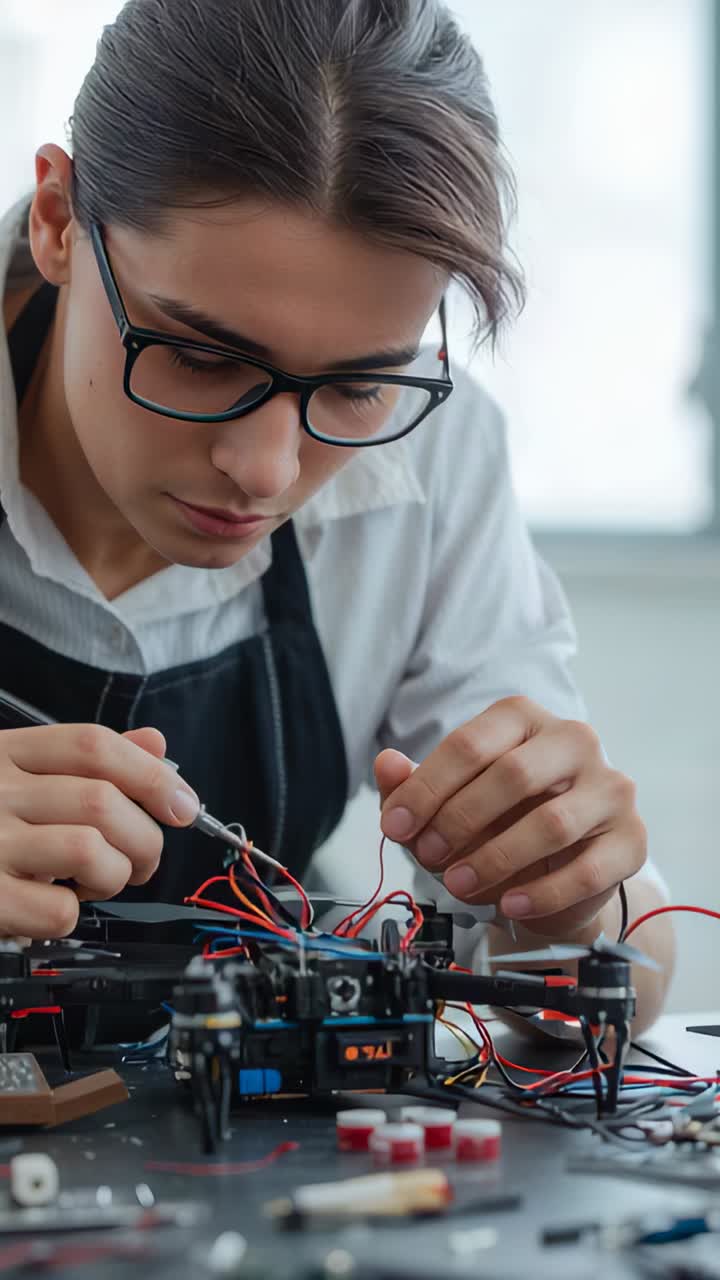 Vertical video: Leaning forward tech in apron using soldering iron assembling drone wiring at bench