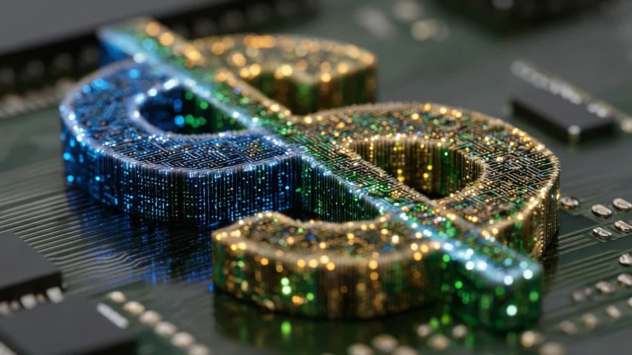 A Stunning Representation of Digital Currency: An Intricate Graphics Design Featuring a Sparkling Dollar Sign on a Circuit Board Background Showcasing Modern Technology