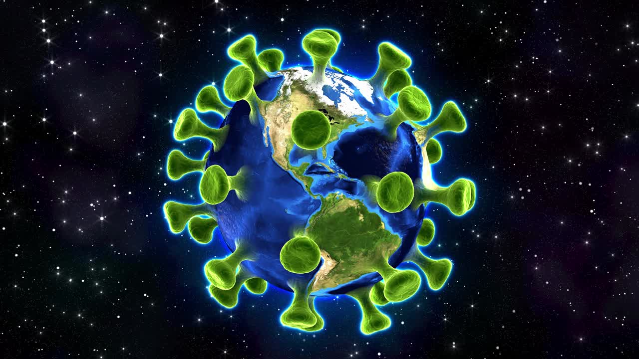 la tierra enferma con el concepto de coronavirus. el planeta tierra pulsando en forma de virus corona con un fondo de estrellas relucientes. bucle sin costuras. renderizado en 3d.