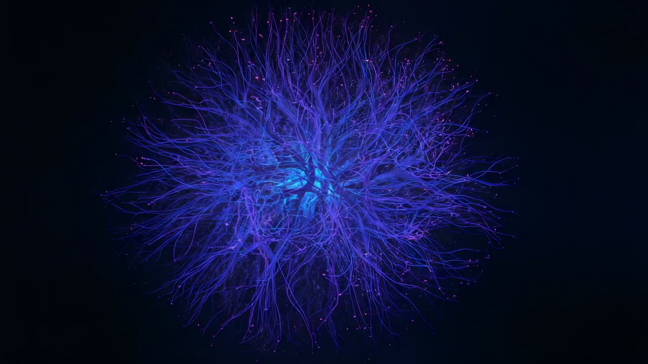 Emerging energy cluster pulsing core and undulating purple tendrils in void, with magenta sparks