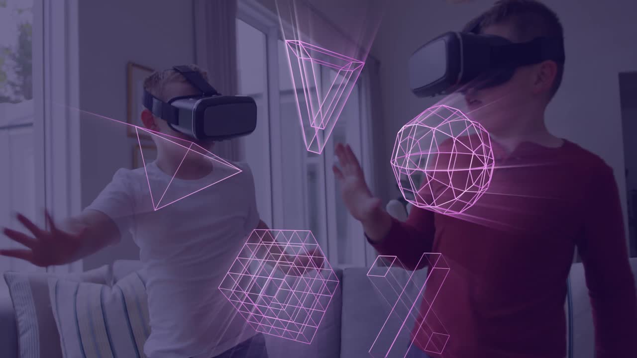 Animation of glowing 3d shapes of data transfer over caucasian boys in vr headsets