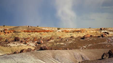 Blick-über-Die-Landschaft-Des-Petrified-Forest-Nationalparks,-Gewitterwolken-Am-Horizont