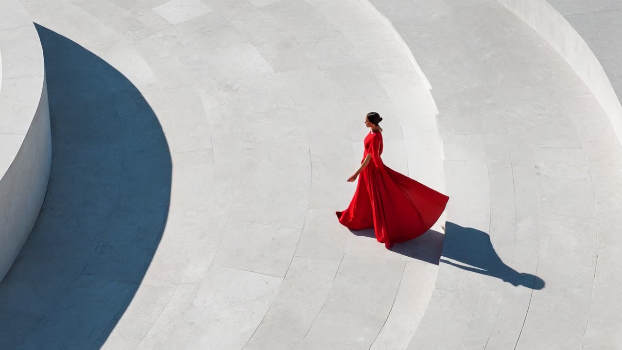 A Graceful Figure Draped in a Flowing Red Garment Glides Elegantly Across a Modern Architectural Landscape, Casting a Soft Shadow on the Smooth Surface Beneath, Capturing a Moment of Poise and Beauty