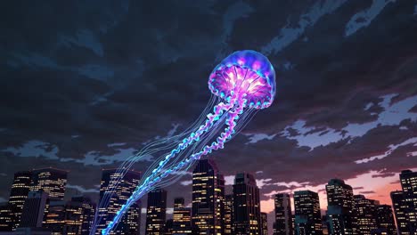 glowing jellyfish over a city at twilight