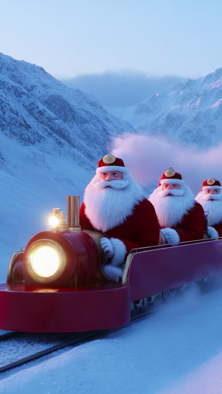 A Festive Journey Through Winter Wonderland: Santa Claus and His Merry Helpers Travel on a Magical Train Through Snow-Capped Mountains, Spreading Joy and Cheer During the Holiday Season