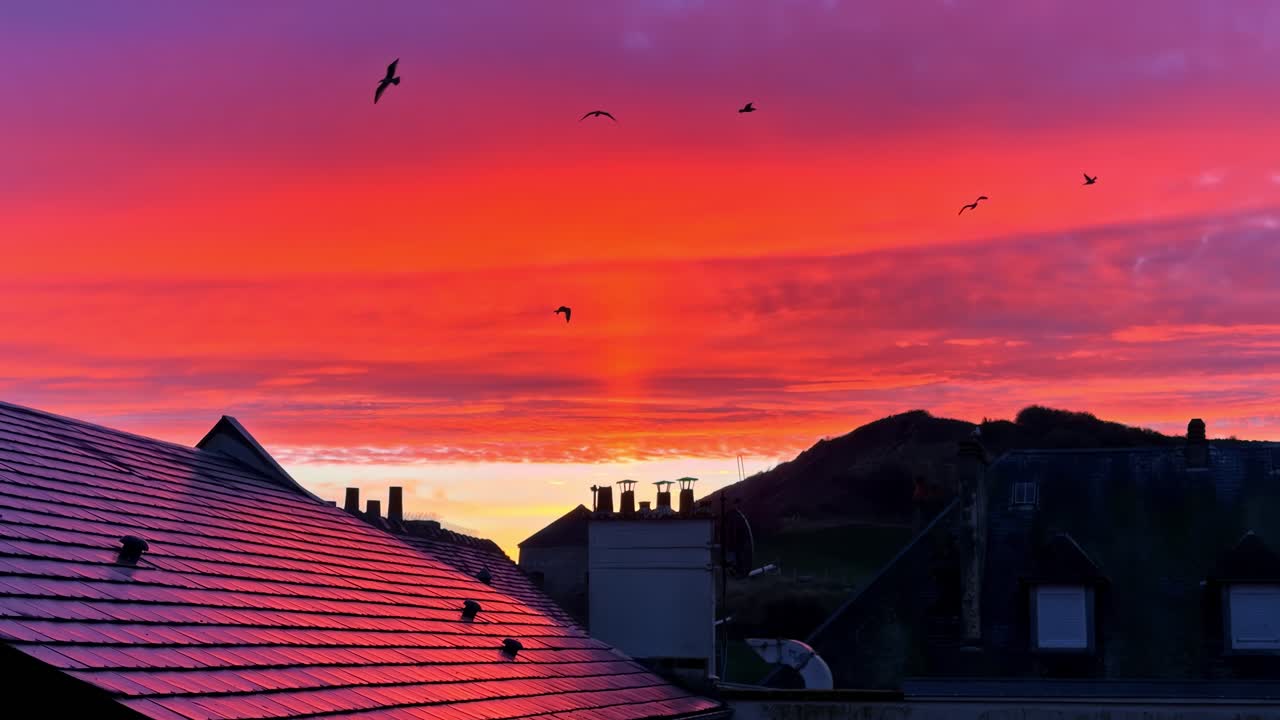 Breathtaking sunset over Port en Bessin skyline with birds in flight