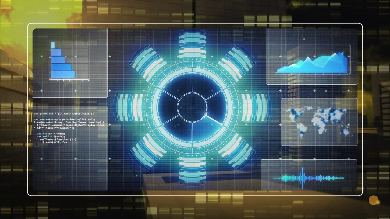 animación del procesamiento de datos en pantalla digital sobre edificios modernos.