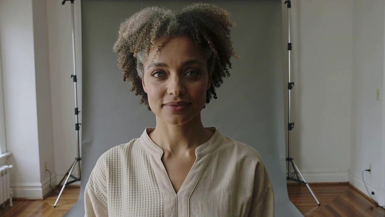 Responding to camera cue in studio, model wearing beige top pivoting toward camera, grey backdrop
