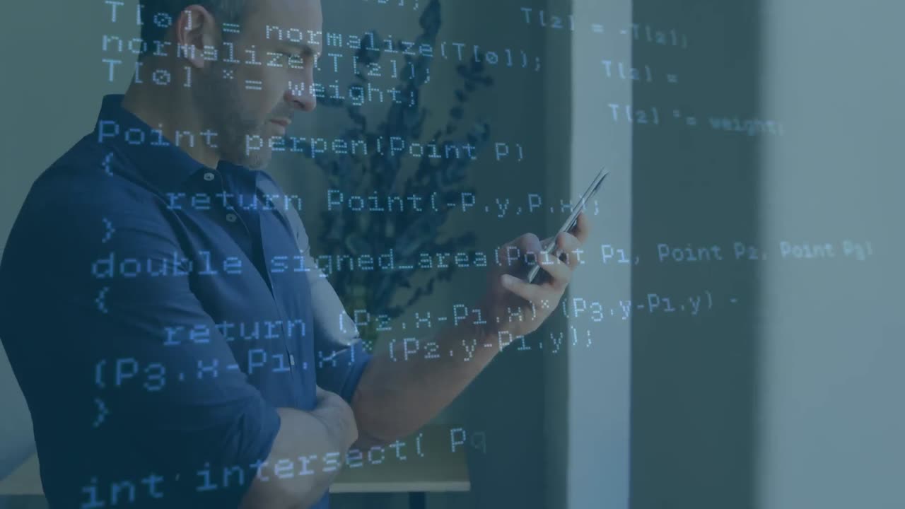 animación del procesamiento de datos financieros sobre un empresario caucásico que usa un teléfono inteligente