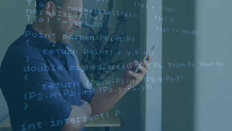 animation of financial data processing over caucasian businessman using smartphone