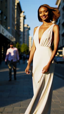 woman in a white dress walking on a city street