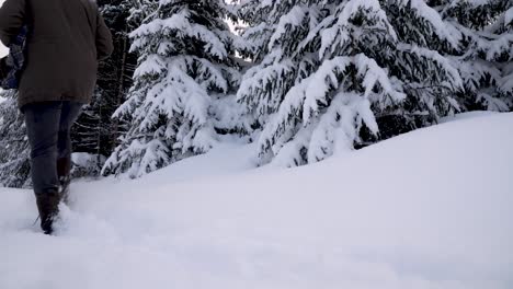 hombre caucásico con ropa informal de invierno caminando por la pantalla, camino virgen nevado en las montañas alemanas de harz mientras nieva, dejando huellas atrás