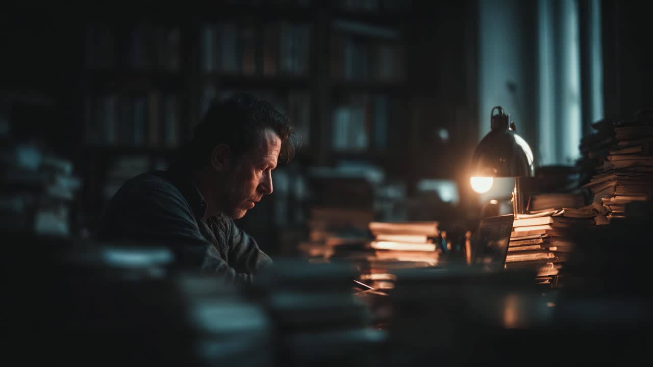 Un ricercatore solitario assorto nel lavoro tra un mare di libri e documenti, illuminato da una luce soffusa in un'atmosfera di biblioteca profondamente avvolgente
